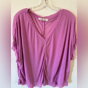 New  Womens We The Free Purple Sheer Flowy Ribbed Side Spilt Vneck Top Small